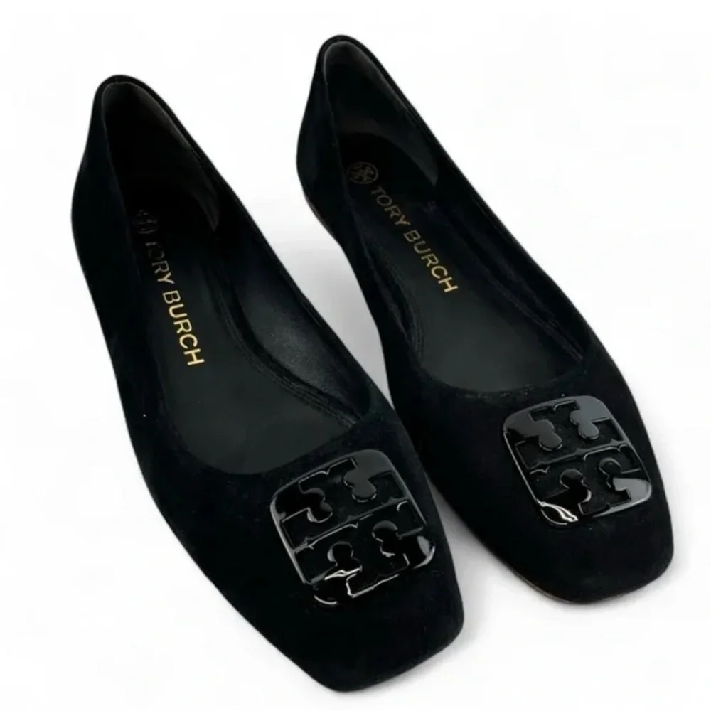 Tory Burch Black Suede Logo Square-Toe Ballet Flats Sz 9M